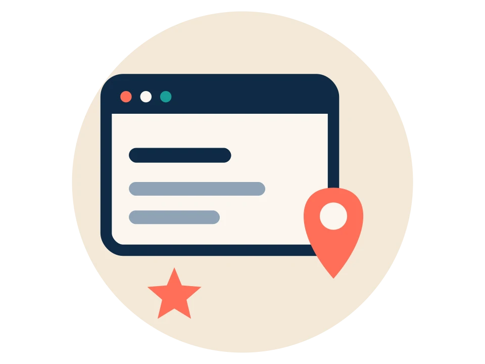 A shop website with a map pin and a review star