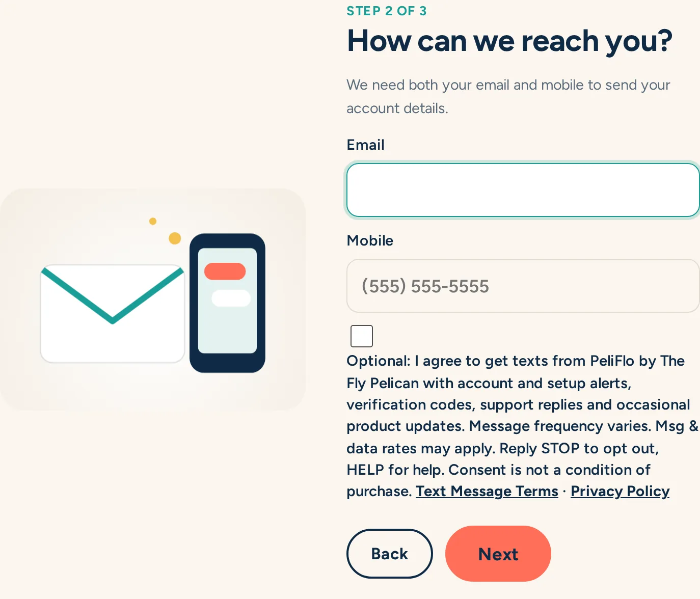 Screenshot of the PeliFlo signup contact step with email and mobile fields and an unchecked optional texting checkbox