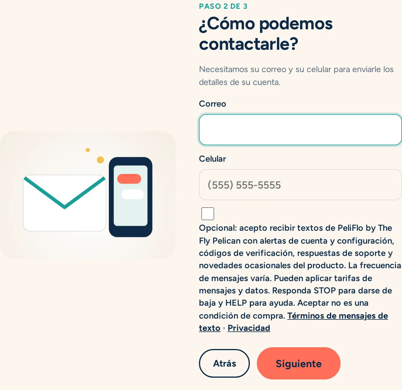 Captura del paso de contacto del registro de PeliFlo con campos de correo y celular y una casilla de textos opcional sin marcar
